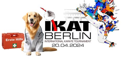 Hund mit Kittel und Erste Hilfe Koffer vor IKAT BERLIN